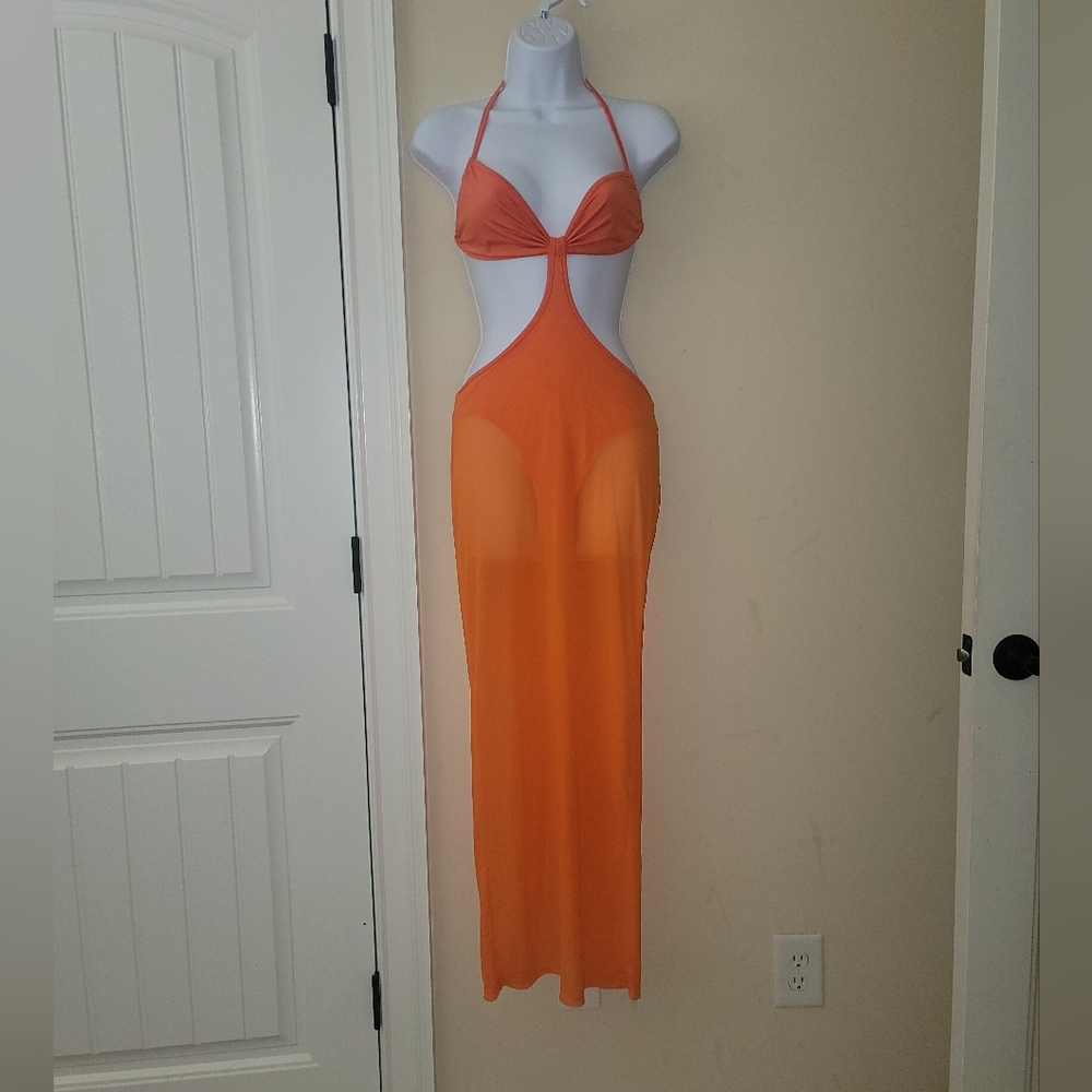 NWT Shein Orange Halter Tie Back Sheer Swim Coverup Dress